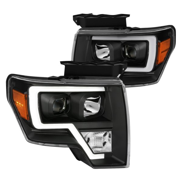 Black LED U-Bar Projector Headlights with Factory Lights for 2009-2014 Ford F-150, Black