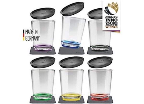 SILS025-0700-6-D Multicolor Magnetic Drinking Cups with Metallic Nonslip Gel Coasters & Lids - Set of 6