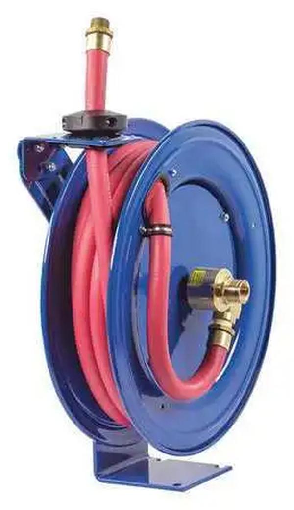 Spring Return Hose Reel, 3/4 in Hose Diameter, 25 ft Length, 300 psi Max. Pressure, Brass, Blue