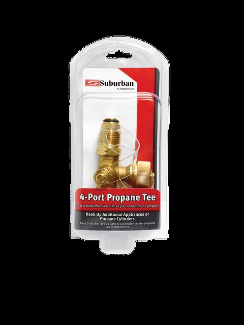 DCRLP-POLTEE 4-Port Propane Tee for 0.25 in. Inlet Female Pol, 1 in. Inverted Flare Outlets & 20 Male Throw Away Cycle Thread