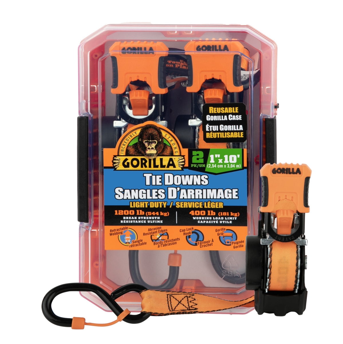 ERI92003 Retractable Ratchet Strap Gorilla - 1 in. x 10 ft., 1200 lbs - Pack of 2