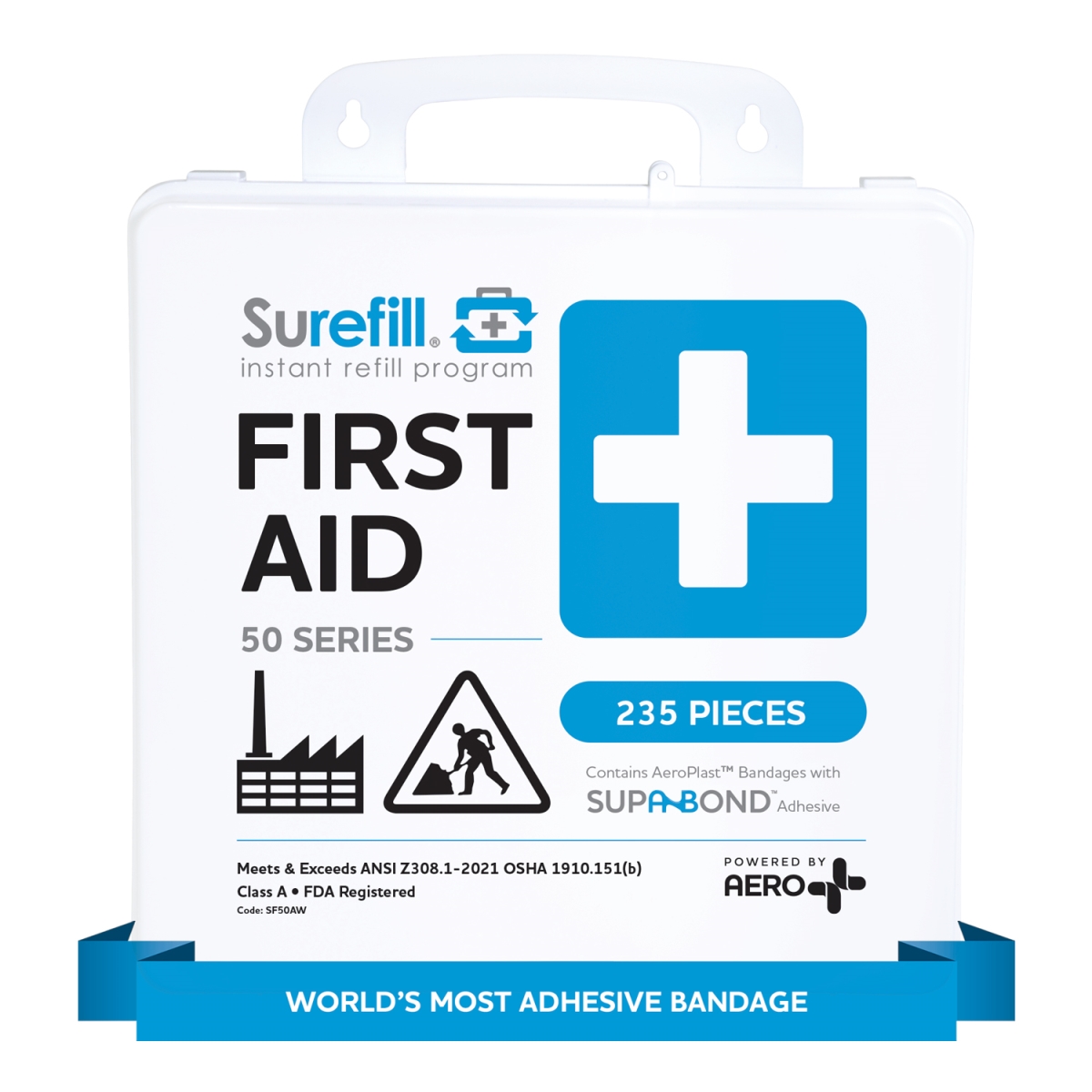 AEHSF50AW Surefill 50 ANSI 2021 A Plus First Aid Kit with Weatherproof Plastic Case, White