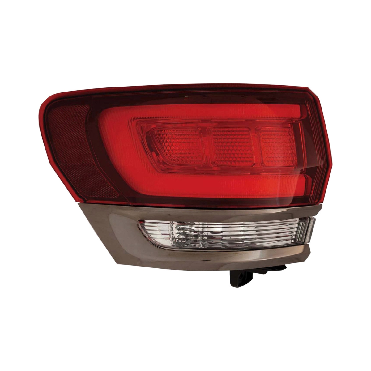 CAPA Left Hand Outer Taillamp Assembly for 2014-2019 Jeep Grand Cherokee Laredo-Limited-Overland-Summit Models - Black Housing - Red & Clear Lens