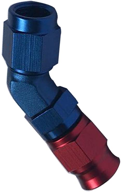 4 AN 45 deg PTFE Aluminum Hose End - Red & Blue