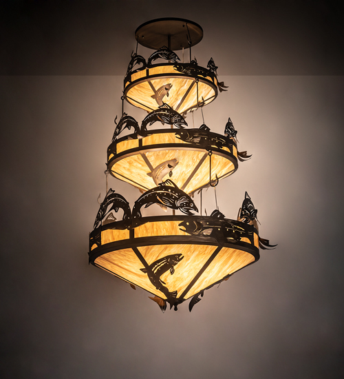 195815 58 in. Wide Catch of The Day Trout 3 Tier Chandelier - Antique Copper Travertine Idal