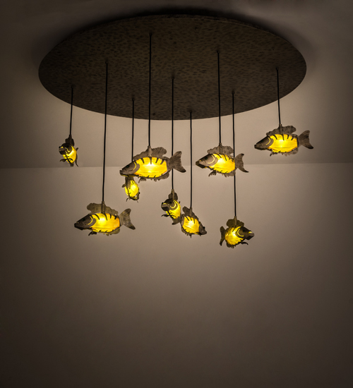 56 in. Tiervis 9 Light Cascading Pendant - Amber, Green & Charcoal