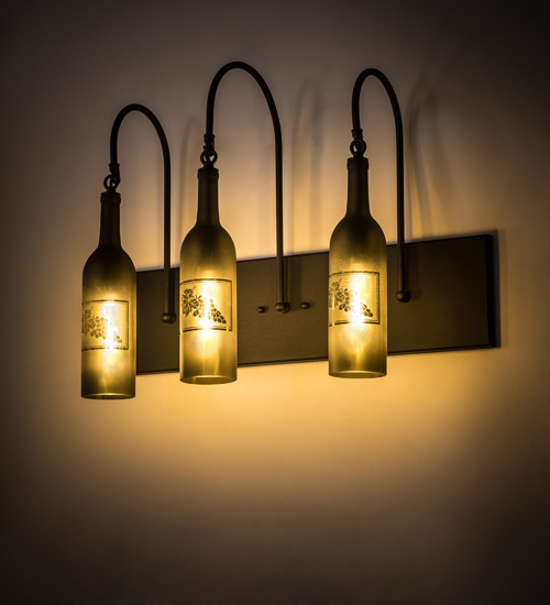 191814 24 in. Tuscan Vineyard Etched Grapes 3 Light Wall Sconce - Green & Black