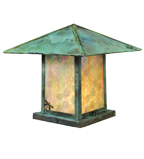 40604 17.5 in. Seneca Lotus Leaf & Dragonfly Pier Mount - Verdigris & Clear Raindrop