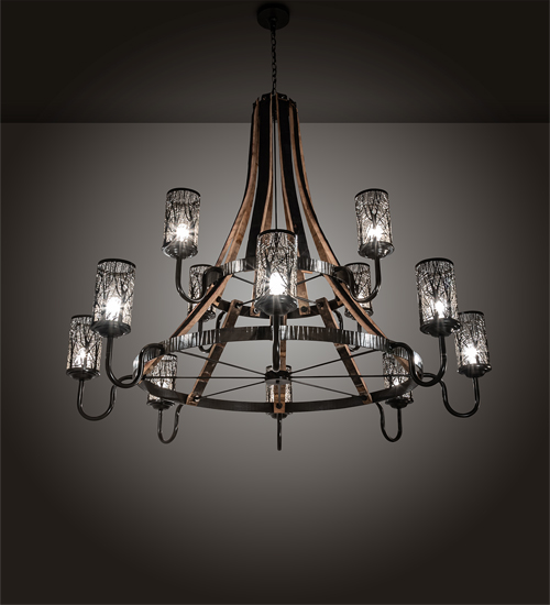 219854 66 in. Barrel Stave Winter Maple 12 Light Two Tier Chandelier - Timeless Bronze