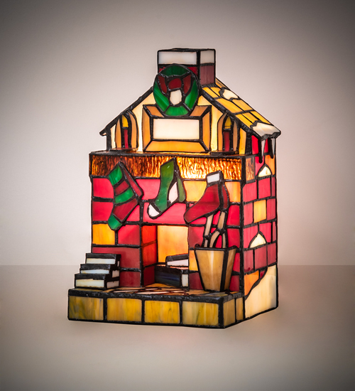 18457 9 in. Tiffany Fireplace Accent Lamp - Ruby, White & Charcoal