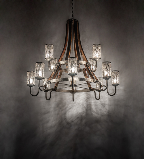 221525 60 in. Wide Barrel Stave Winter Maple 12 Light Two Tier Chandelier