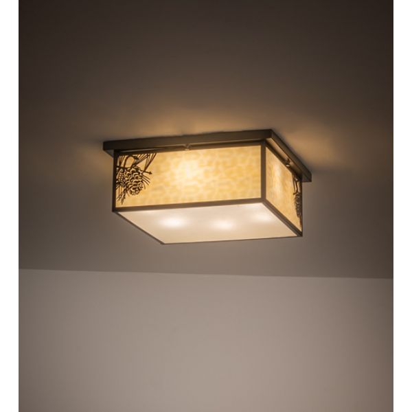 242031 20 in. Square Hyde Park Winter Pine Flushmount, Beige & Clear Seeded Glass
