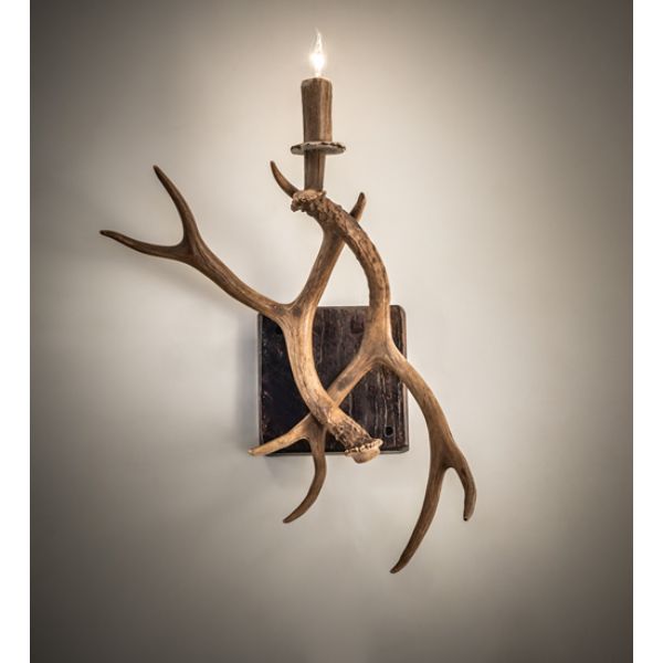 247849 14 in. Wide Antlers Elk & Mule Deer Wall Sconce, Chocolate & Beige
