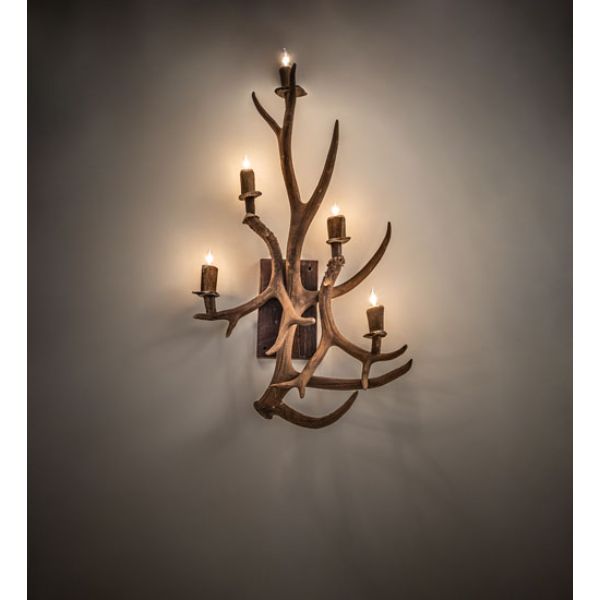247860 21 in. Wide Antlers Elk & Mule Deer 5 Light Wall Sconce, Chocolate & Beige
