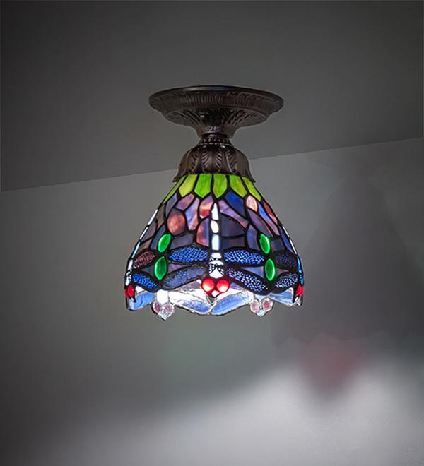 276103 7 in. Mahogany Bronze Tiffany Hanging Head Dragonfly Flush Mount