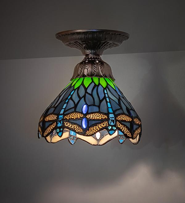 276106 7 in. Mahogany Bronze Tiffany Hanging Head Dragonfly Flush Mount