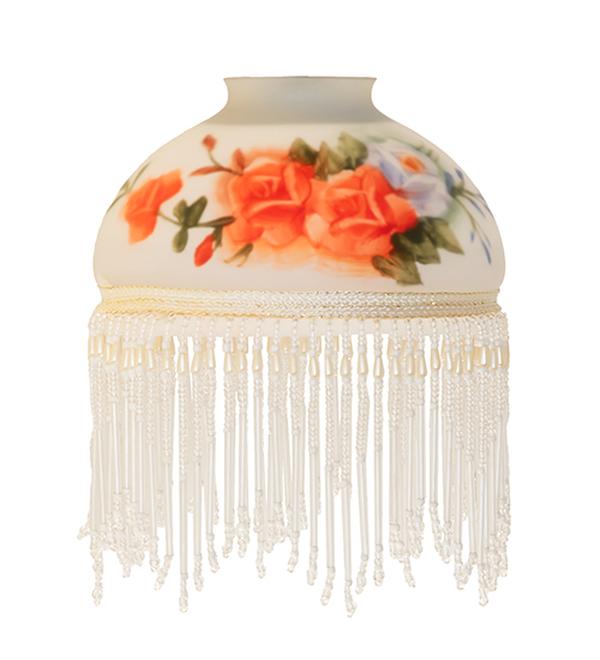 49001 6 in. Rose Bouquet Fringed Shade - White Glass with Roses
