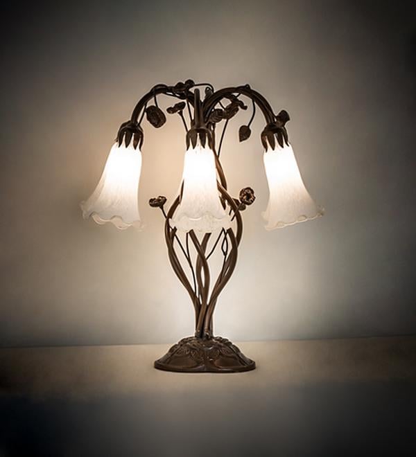 255807 18 in. Mahogany Bronze High White Tiffany Pond Lily 6 Light Table Lamp