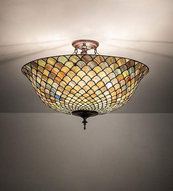 256191 24 in. Mahogany Bronze Tiffany Fish Scale Flush Mount - Green & Blue