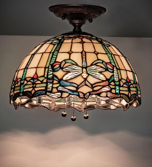 260208 12 in. Mahogany Bronze Tiffany Dragonfly Flush Mount - Multi Color