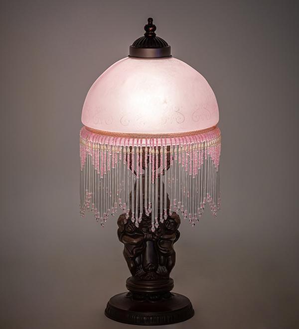 260703 17 in. Mahogany Bronze Roussillon Cherub with Lantern Mini Lamp - Pink Etched Glass