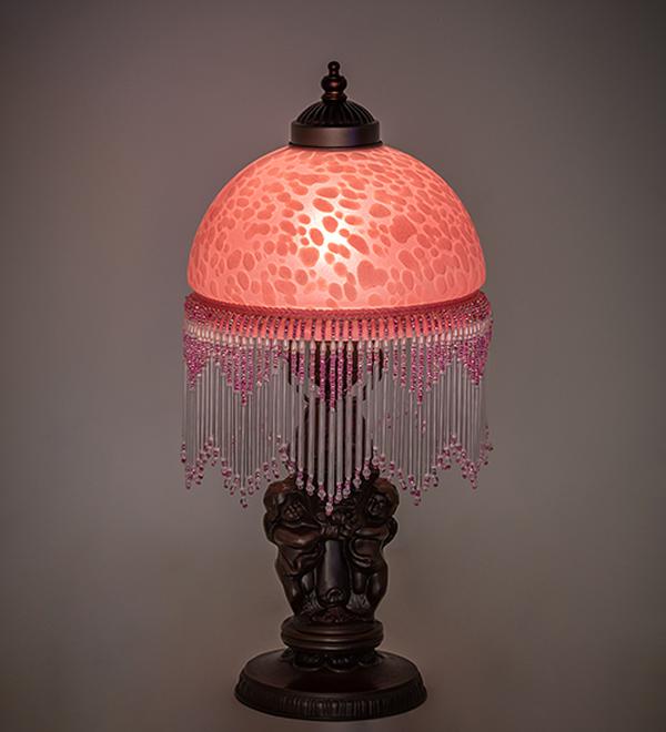 260705 17 in. Mahogany Bronze Roussillon Cherub with Lantern Mini Lamp - Cranberry
