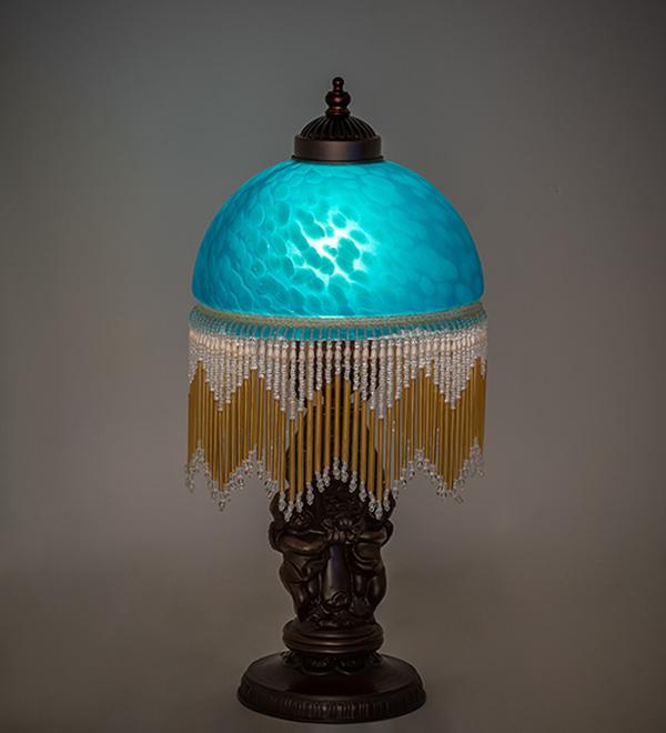 260709 17 in. Mahogany Bronze Roussillon Cherub with Lantern Mini Lamp - Teal