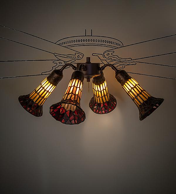261512 19 in. Mahogany Bronze Stained Glass Pond Lily 4 Light Fan Light - Ruby & Amber