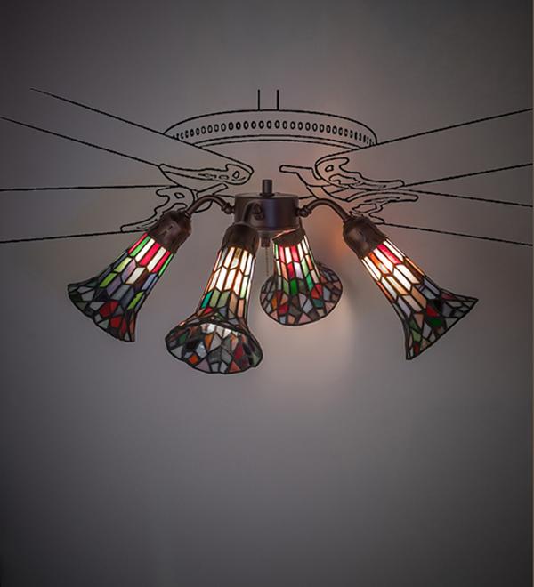 261521 19 in. Mahogany Bronze Stained Glass Pond Lily 4 Light Fan Light - Multi Color