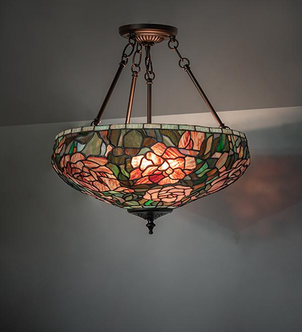 262137 17 in. Mahogany Bronze Tiffany Peony Inverted Semi-Flush Mount - Ruby, Pink & Green