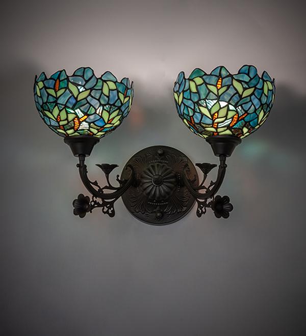 262689 18 in. Mahogany Bronze Nightfall Wisteria 2 Light Wall Sconce - Green & Blue