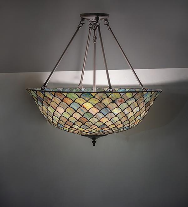 265944 24 in. Mahogany Bronze Tiffany Fish Scale Inverted Semi-Flush Mount - Green & Blue