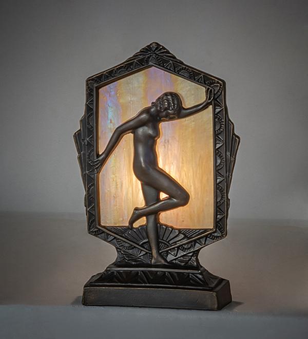 268414 9 in. Antique Brass High Deco Posing Lady Accent Lamp - Beige Iridescent Glass