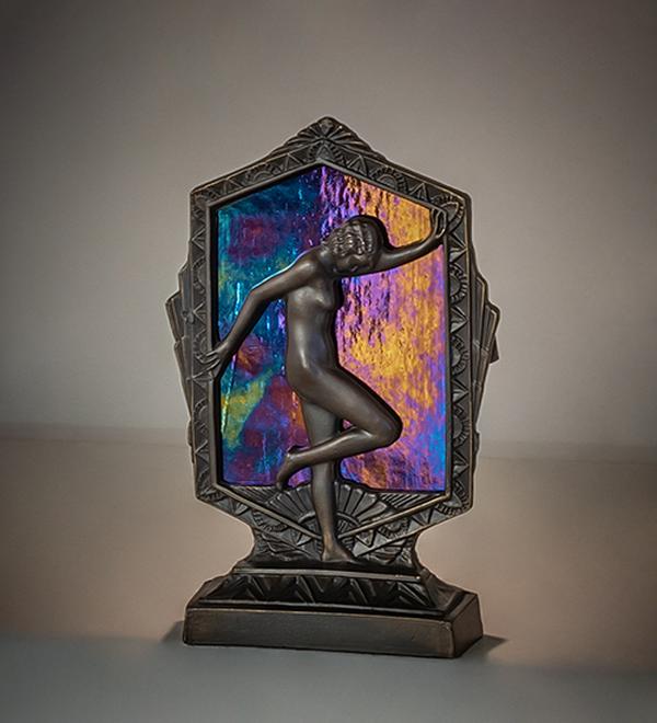 268415 9 in. Antique Brass High Deco Posing Lady Accent Lamp - Black Iridescent Glass
