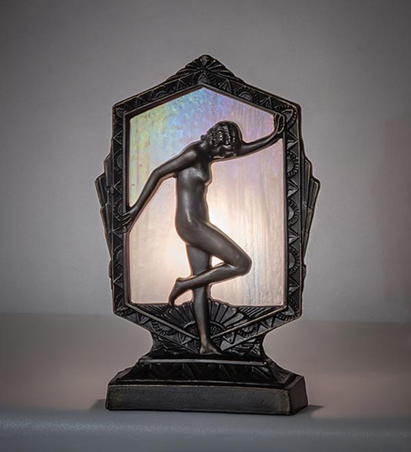 268421 9 in. Antique Brass High Deco Posing Lady Accent Lamp - White Iridescent Glass