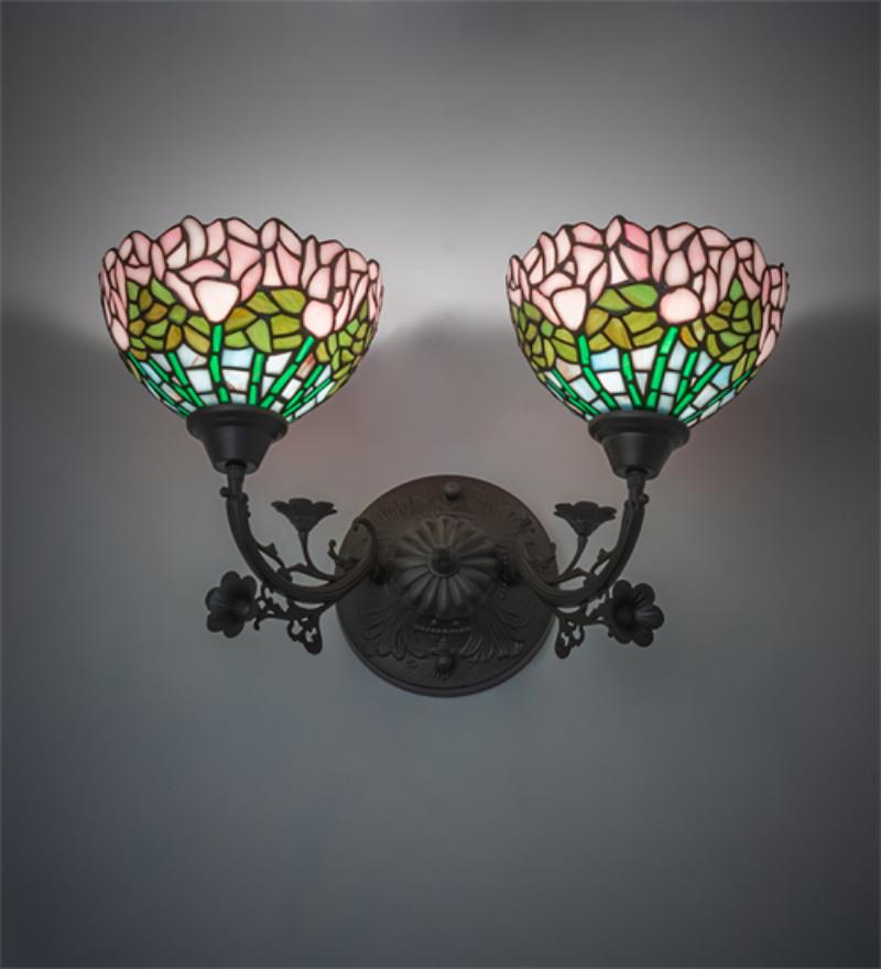 263351 19 in. Wide Tiffany Cabbage Rose 2 Light Wall Sconce - Mahogany Bronze