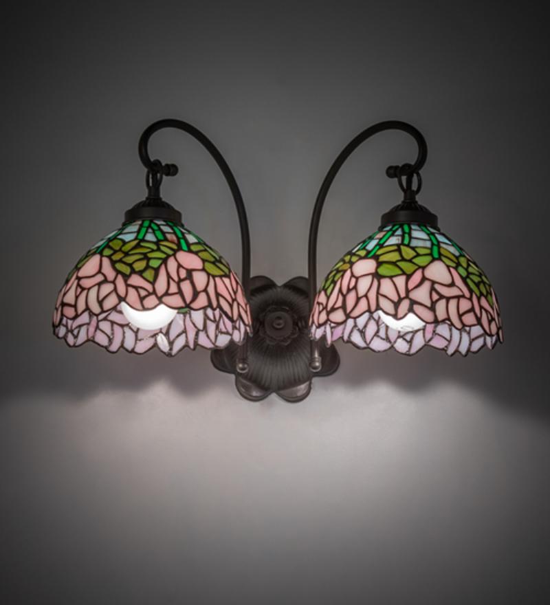 264423 18 in. Wide Tiffany Cabbage Rose 2 Light Wall Sconce - Mahogany Bronze