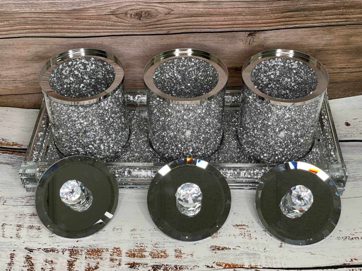 Picture of Amazing Rugs CANS3SS1125 Ambrose Exquisite Tea&#44; Sugar & Coffee Canisters with Tray Crushed Diamond Glass in Gift Box&#44; Silver