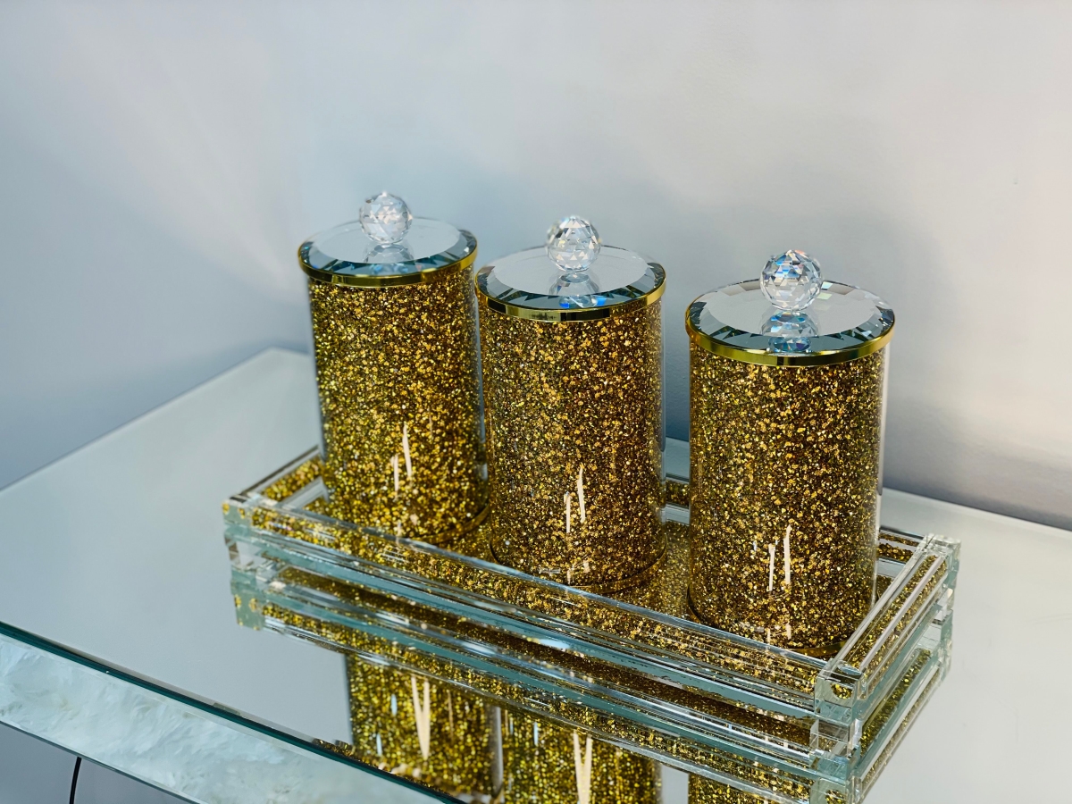 Picture of Amazing Rugs CAN3LGTR0303 8 in. Ambrose Exquisite 3 Large Canisters with Tray Crushed Diamond Glass in Gift Box&#44; Gold