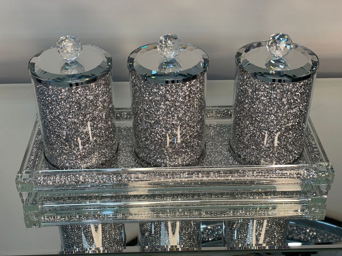 Picture of Amazing Rugs CAN3MSTR0303 7 in. Ambrose Exquisite 3 Large Canisters with Tray Crushed Diamond Glass in Gift Box&#44; Silver