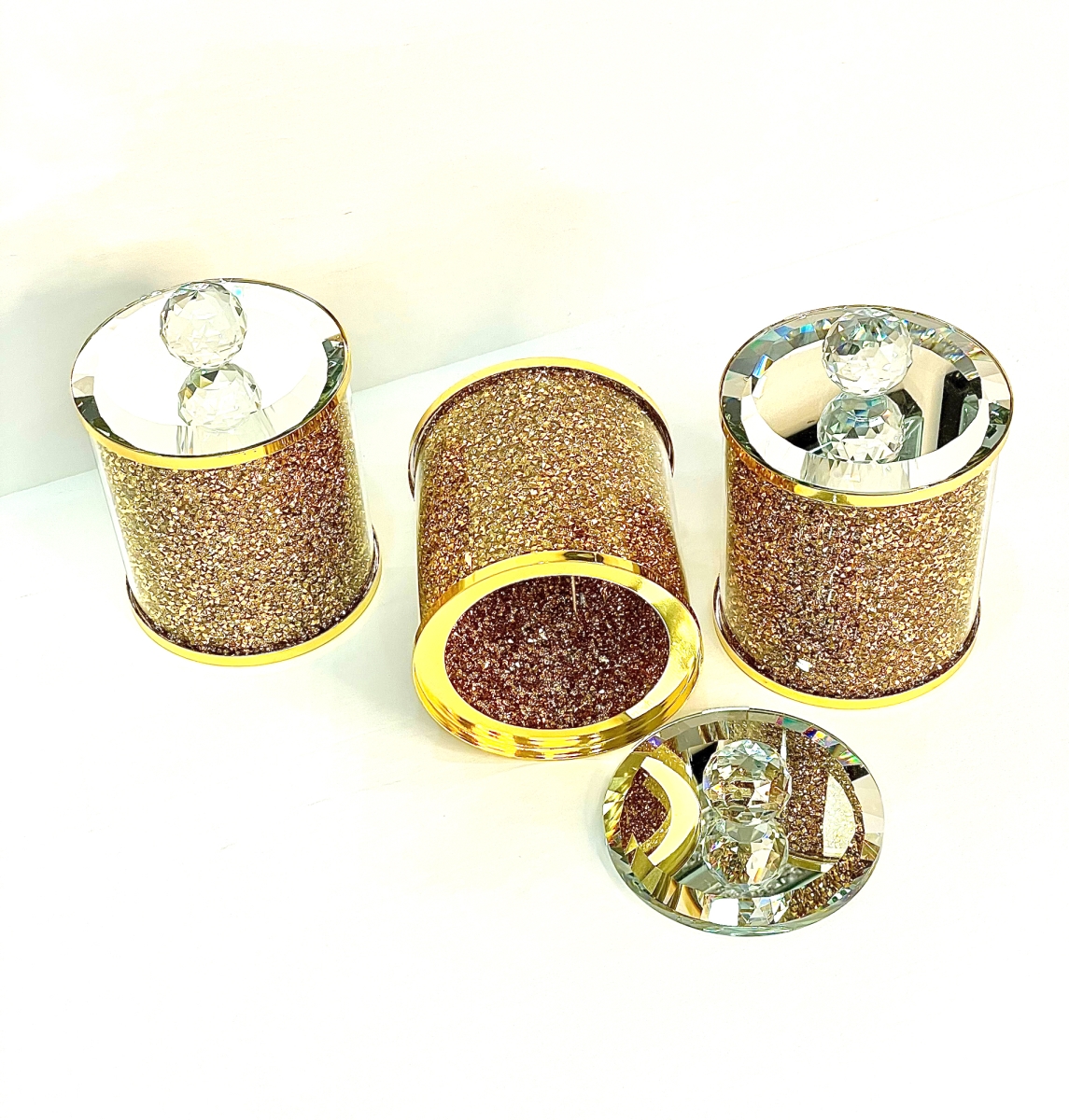 Picture of Amazing Rugs CANS3SGNT1120 Ambrose Exquisite Three Glass Canister Set in Gift Box - Gold Crushed Diamond Glass