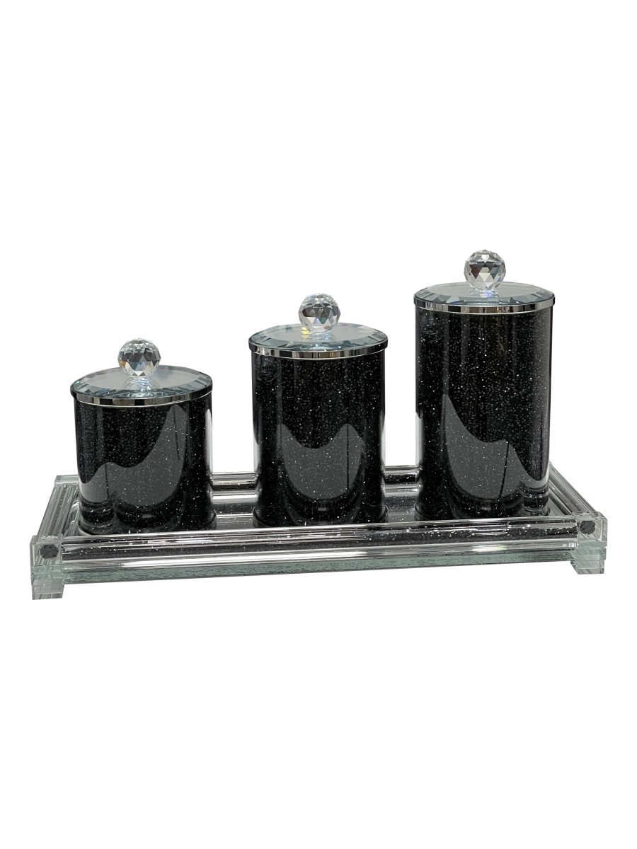 Picture of Amazing Rugs CAND4SB1120 Ambrose Exquisite Three Glass Canister & Tray Gift Set - Black Crushed Diamond Glass