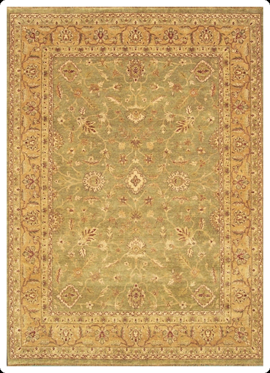 Hand Knotted Dark Green & Gold Rectangle Rug - 10 x 14 ft. - Durable Wool