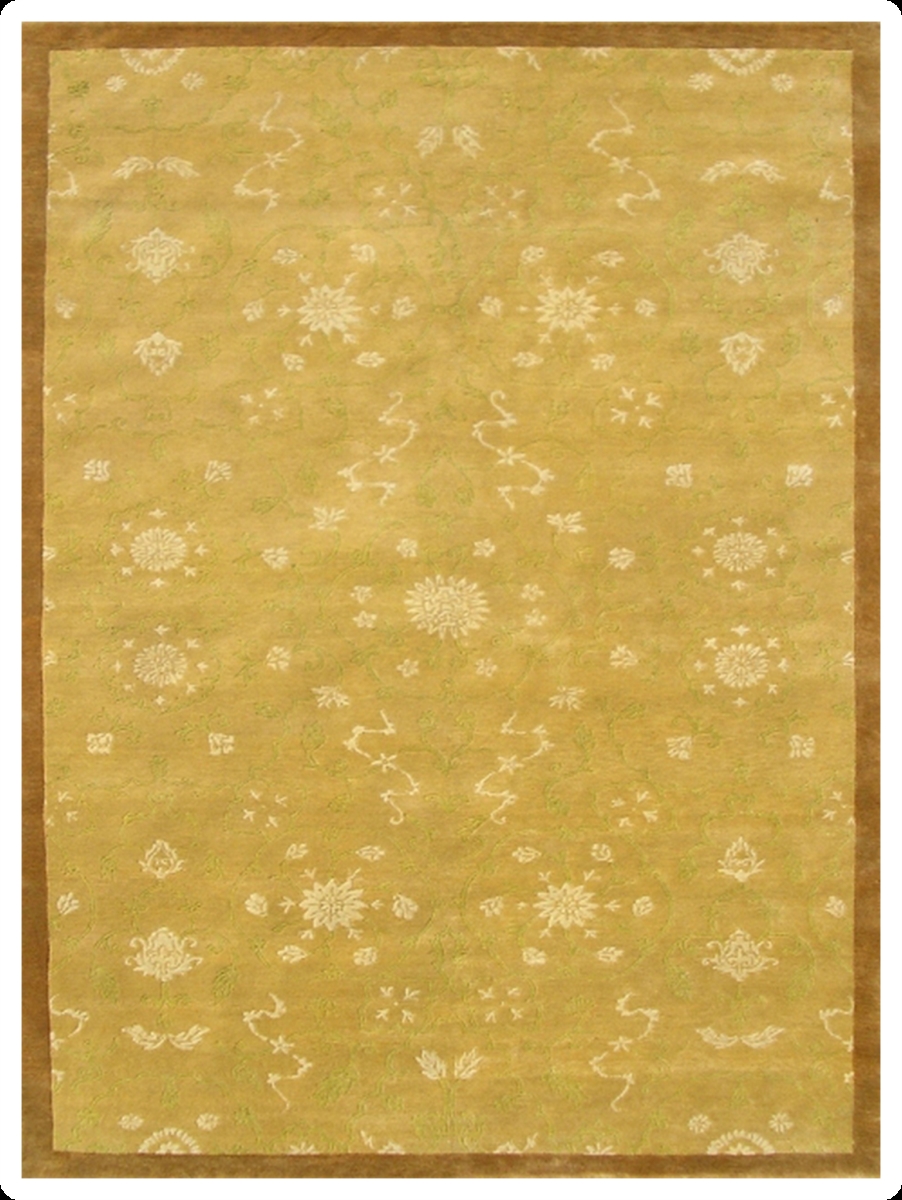Hand Knotted Gold Beige & Green Rectangle Rug - 9 x 12 ft. - Durable Wool