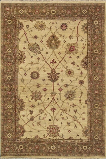 Hand Knotted Rectangle Rug - Beige & Dark Green - 6 x 9 ft. - Durable Wool