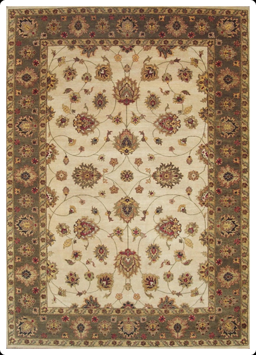 Hand Knotted Beige & Green Rectangle Rug - 10 x 14 ft. - Durable Wool