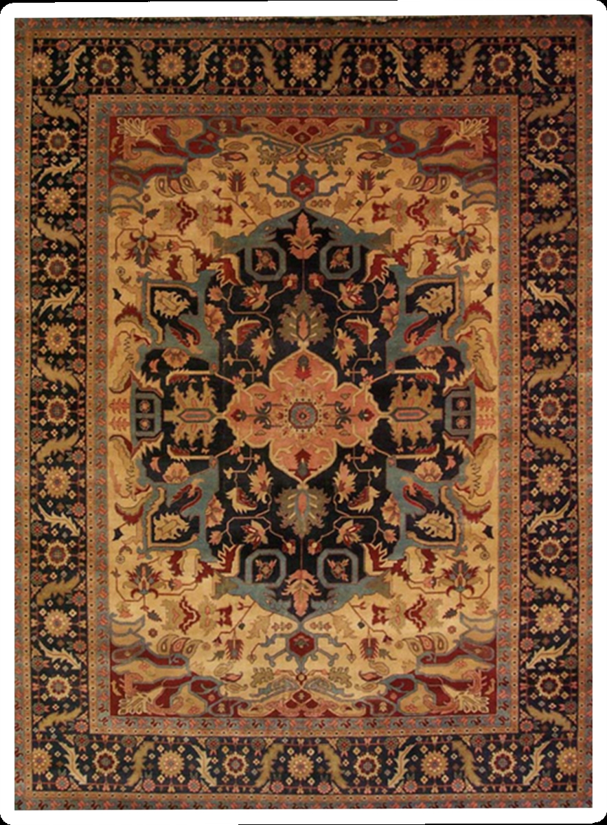 Hand Knotted Cream & Blue Rectangle Rug - 9 x 12 ft. - Durable Wool