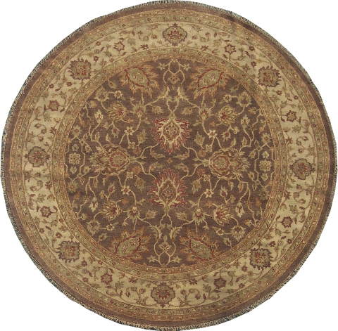 Hand Knotted Round Rug - Brown & Beige - 10 ft. - Durable Wool
