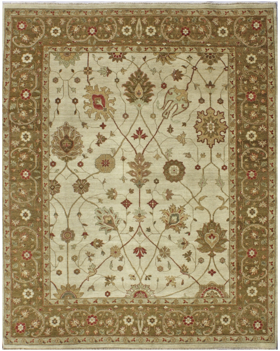 Hand Knotted Beige & Dark Green Rectangle Rug - 8 x 10 ft. - Traditional Wool