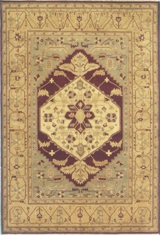 Hand Knotted Burgundy & Camel Rectangle Rug - 4'6in. x 6'6in. - Traditional Wool Design